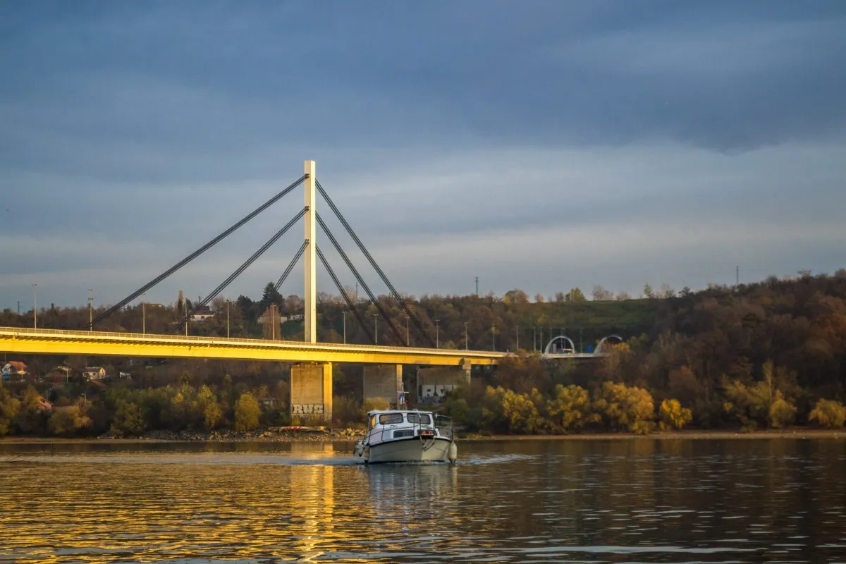 The white cable-stayed Liberty Bridge over the Danube in Novi Sad in golden evening light, with a small boat on the river and autumn trees on the far bank.